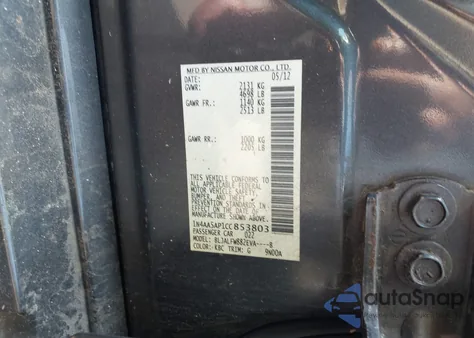 2012 Nissan Maxima 3.5 Sv z USA, uszkodzony, nr VIN 1N4AA5AP1CC853803